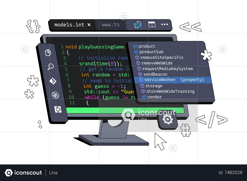 컴퓨터에 표시되는 컴퓨터 프로그램 개발 프로그래밍 및 코딩  일러스트레이션