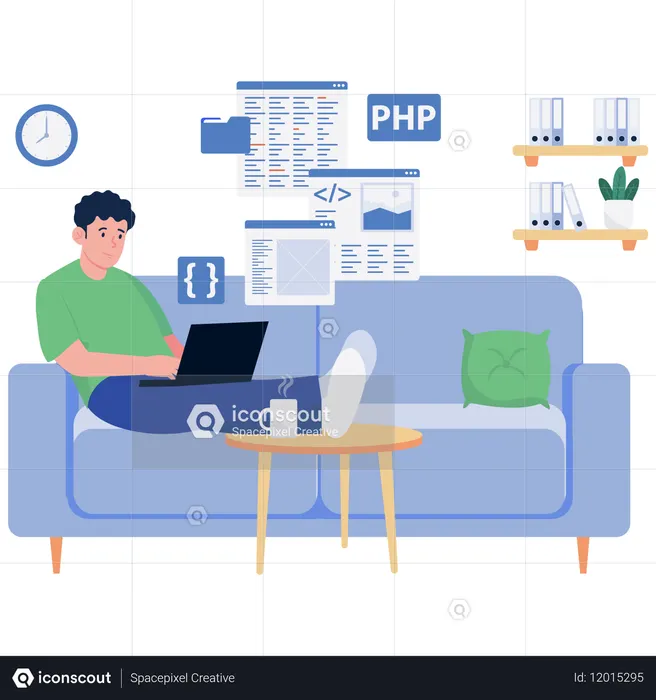Développeur travaillant sur un canapé à la maison  Illustration