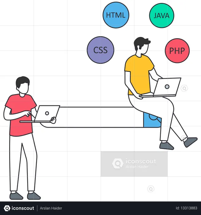 Développeurs Web codant sur des ordinateurs portables avec les langages de programmation HTML CSS JAVA PHP  Illustration
