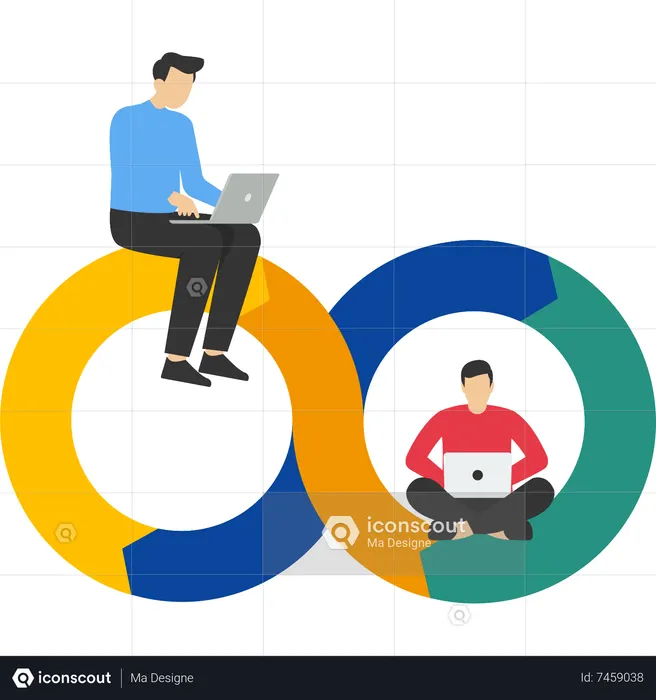 DevOps 手法を使用してプログラミングを行う若い開発者  イラスト