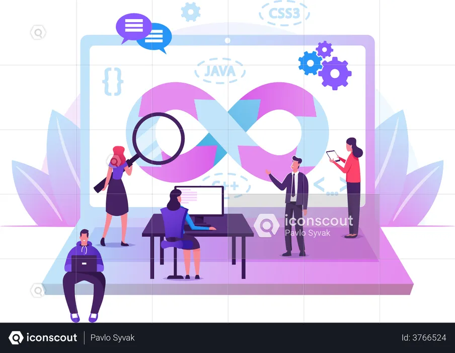 Devops Specialists Work Collaboration. Programmers and Businesspeople at Huge Laptop. Development Automation, Monitoring Cycles at All Steps of Software Construction. Cartoon Flat Vector Illustration  Illustration