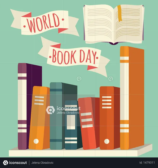 Día mundial del libro, libros en estantería con pancarta festiva  Ilustración