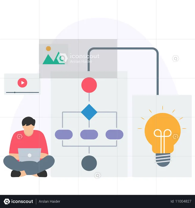 Hombre de negocios trabajando en un diagrama de flujo empresarial  Ilustración