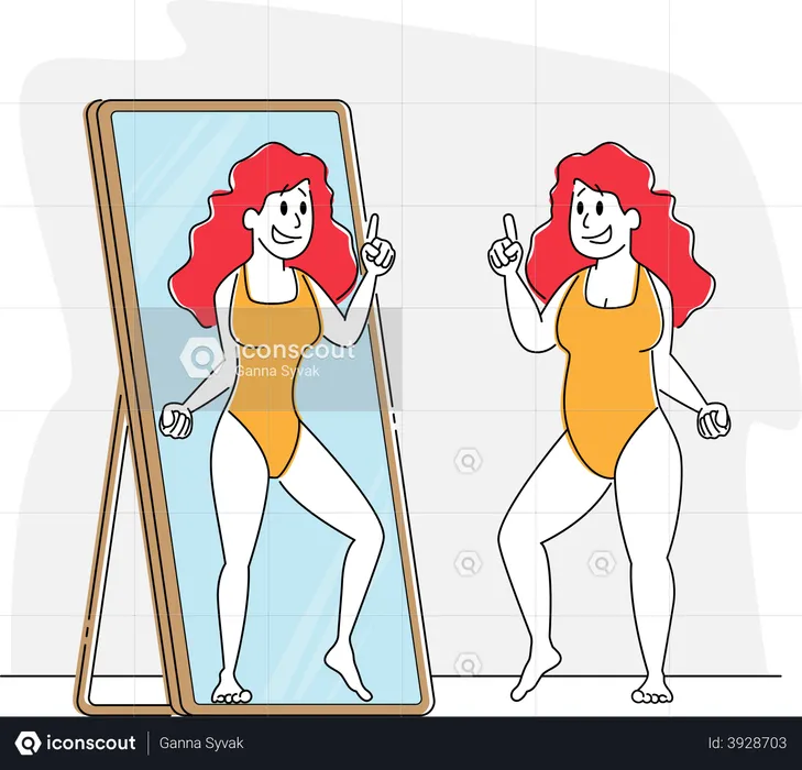 Dicke Frau schaut in den Spiegel und bewundert sich selbst. Stellen Sie sich vor, sie ist schlank und fit  Illustration