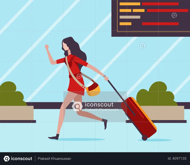 Die junge Frau schleppte ihren Koffer und rannte schnell am Flughafen  Illustration