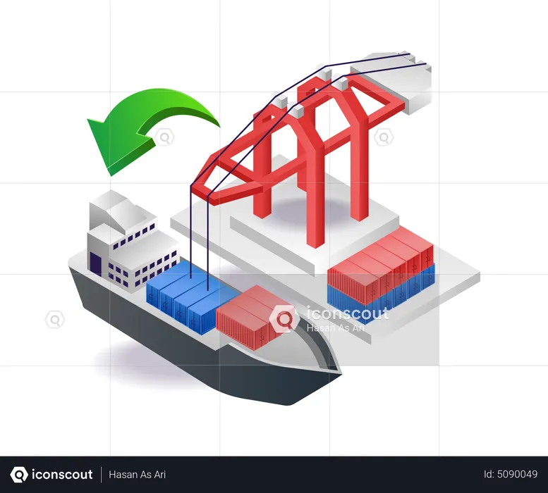 Der Flaschenzug hebt die Ware auf das Schiff  Illustration