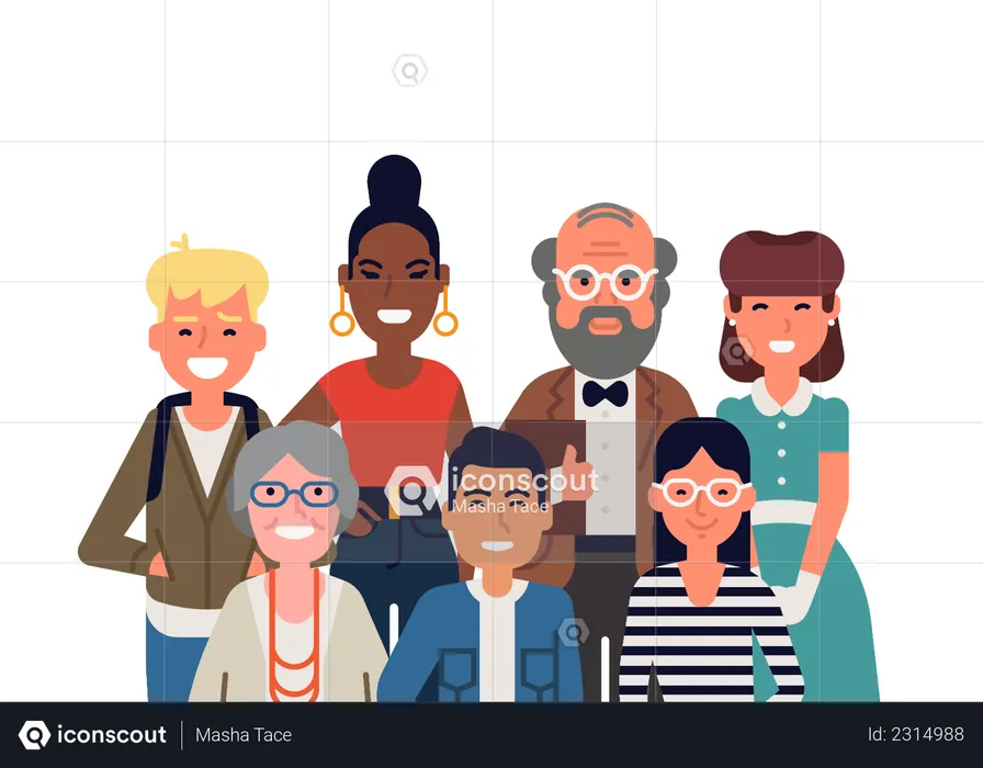 Different age of people standing in one group  Illustration