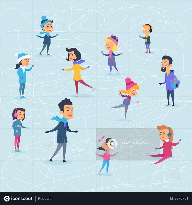 Different Cartoon People on Icerink in Winter  Illustration