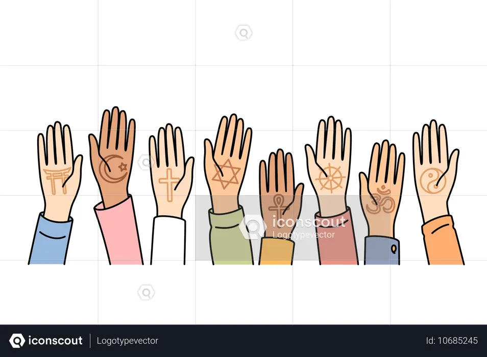 Different religion people raising hand  Illustration