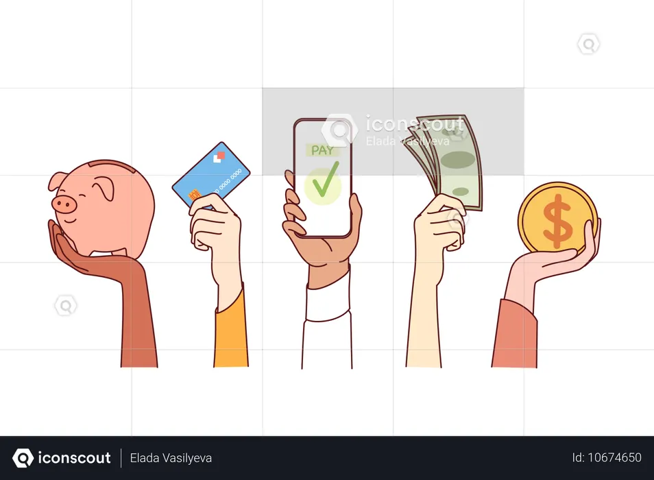 Différentes options de paiement montrent les mains des gens  Illustration