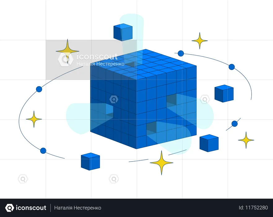 Digital data cube with orbiting blocks and sparkles  Illustration
