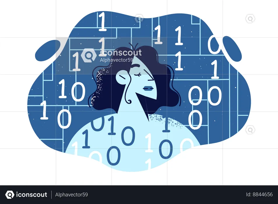 Digital portrait of woman symbolizes cyber copy of person or authentication with biometric data  Illustration