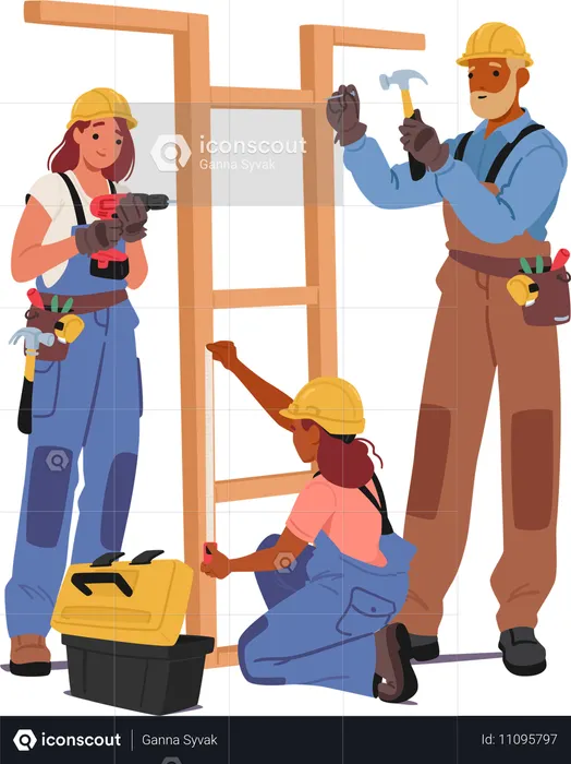 Diligent Crews Wield Tools Erect Structures And Craft Spaces  Illustration