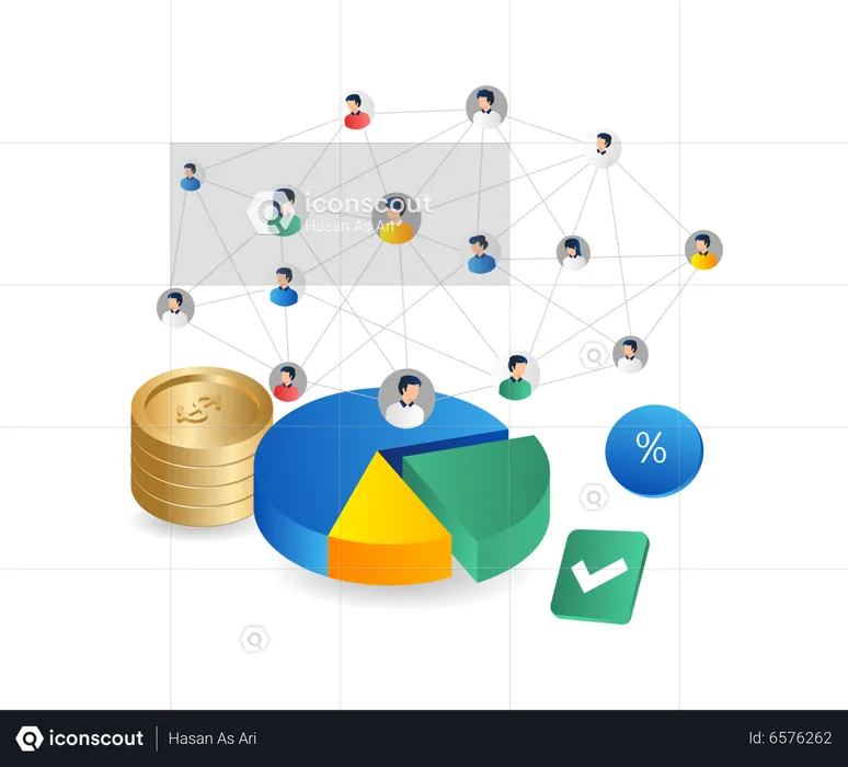 Rede de equipe de negócios de dinheiro sobre gráfico de pizza  Ilustração