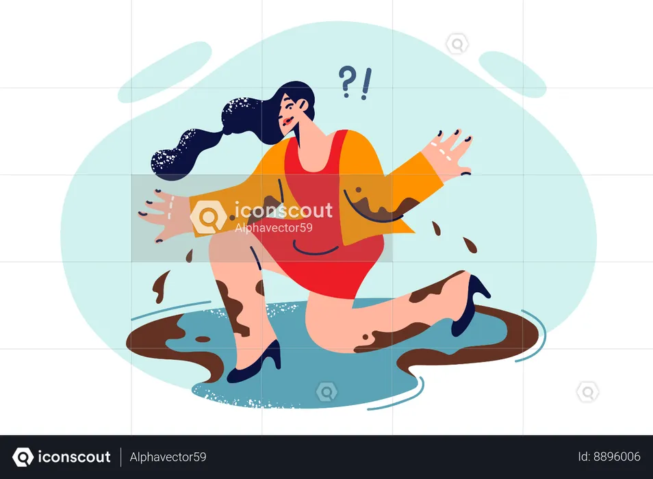 Woman fallen into puddle during rain  Illustration