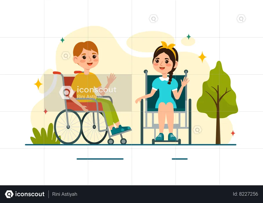Disable boy and girl waving hand  Illustration