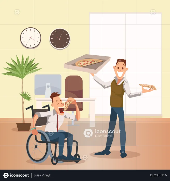 Disable employee eating pizza with co-worker  Illustration