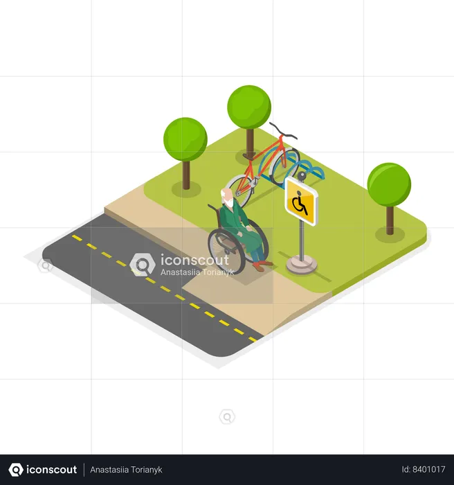 Disable person on wheelchair going on footpath  Illustration