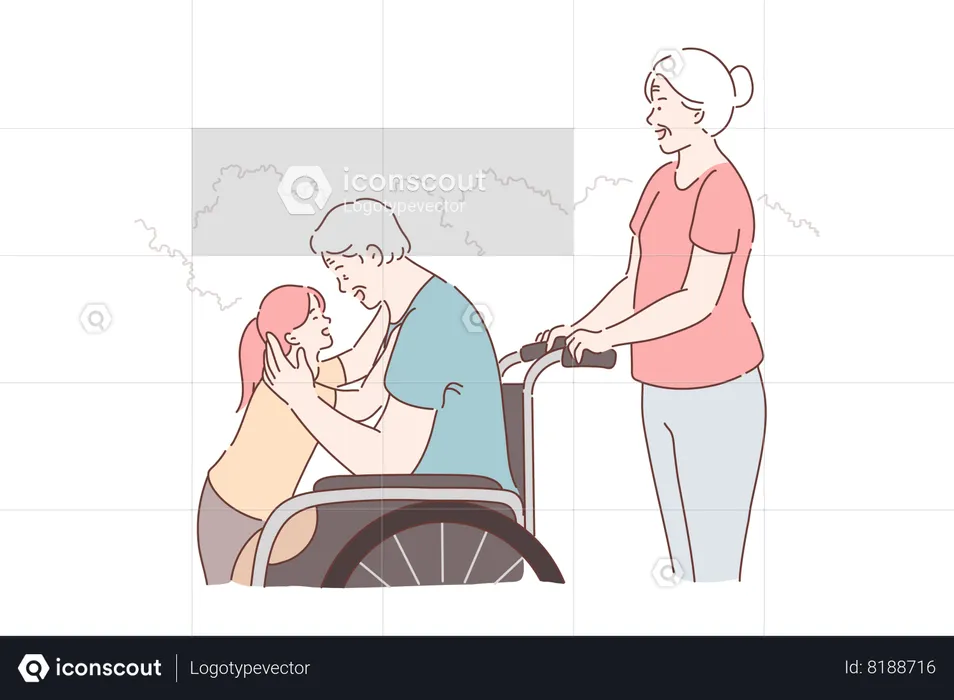 Disabled aged man in wheelchair walking with family in park  Illustration