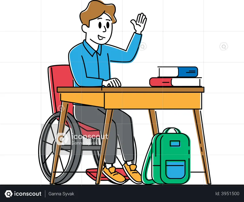 Disabled Boy in Wheelchair Sitting at Desk with Textbooks in Classroom Raising Hand  Illustration