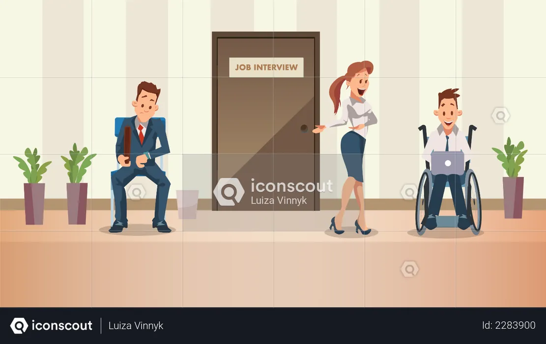 Disabled Employee Waiting for Job Interview at Door  Illustration
