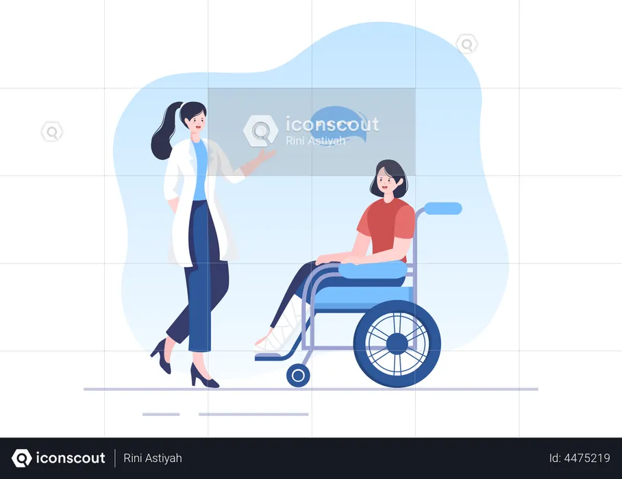 Disabled Female Riding Wheelchair with Doctor Therapist Assistance  Illustration