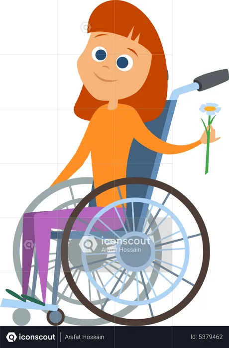 Disabled girl holding flower while sitting on wheelchair  Illustration