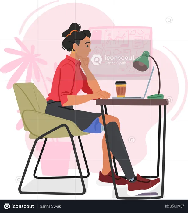 Disabled girl is working on laptop  Illustration