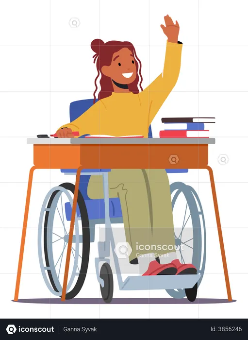 Disabled girl student sitting at school bench  Illustration