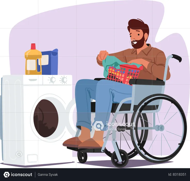 Disabled Male In Laundry Tasks And Daily Chores  Illustration