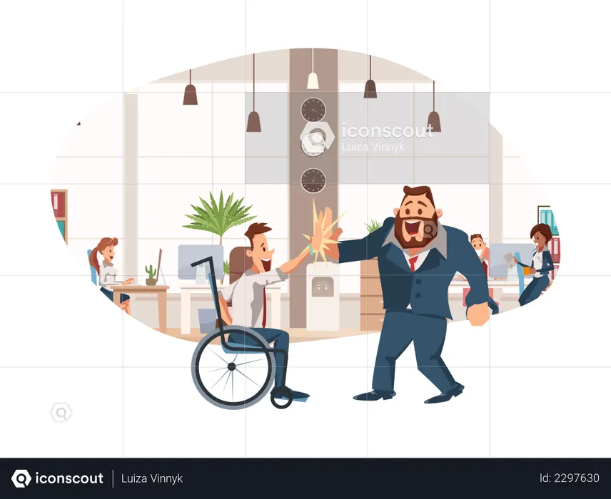 Disabled Man Giving High Five to Office Worker  Illustration