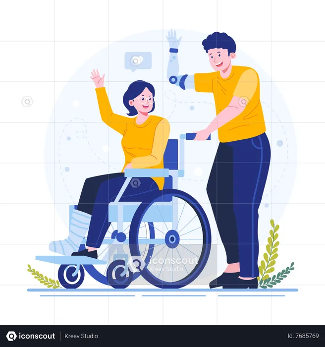 Disabled man helping woman push wheelchair  Illustration