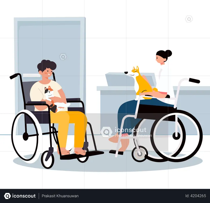 Disabled man holding lovely cat and woman holding dog  Illustration
