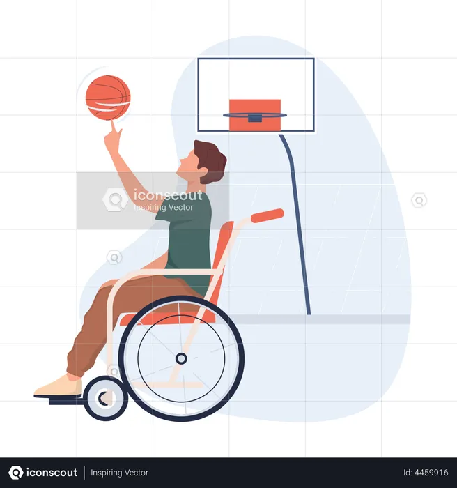 Disabled man in wheelchair playing basketball  Illustration