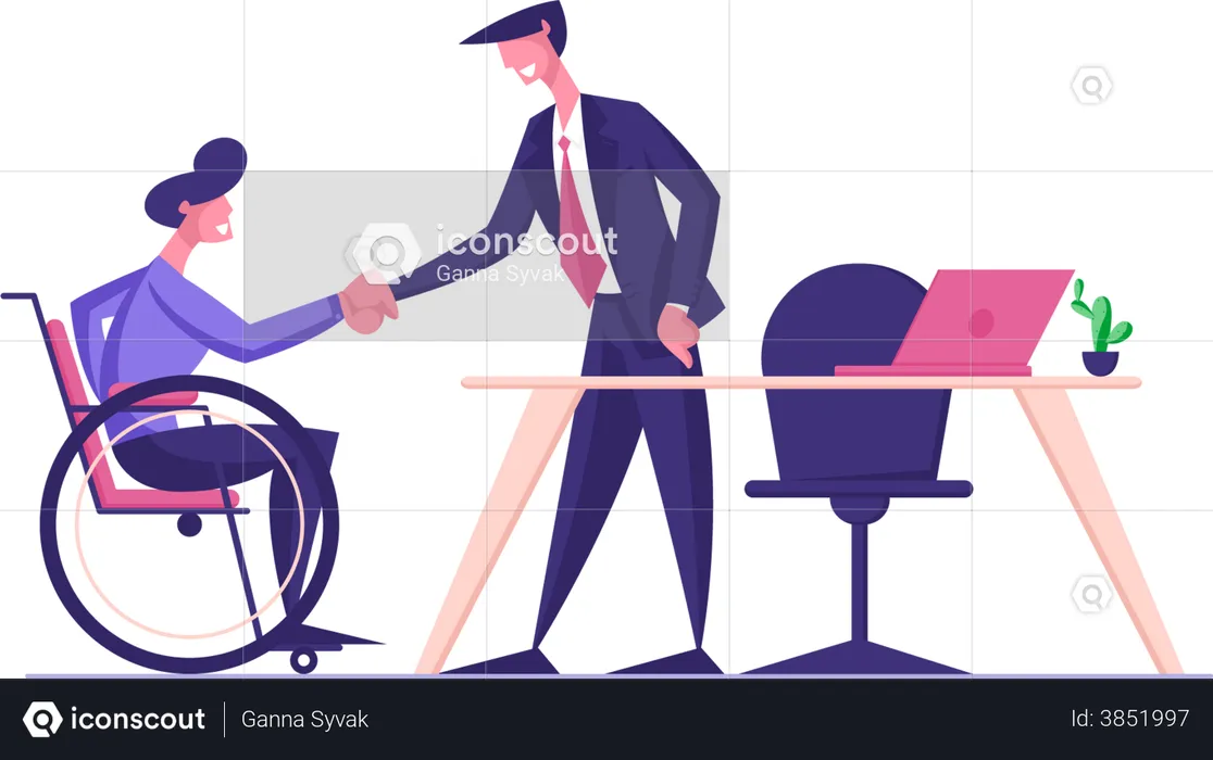 Disabled Man in Wheelchair Shaking Hand with Boss in Office  Illustration