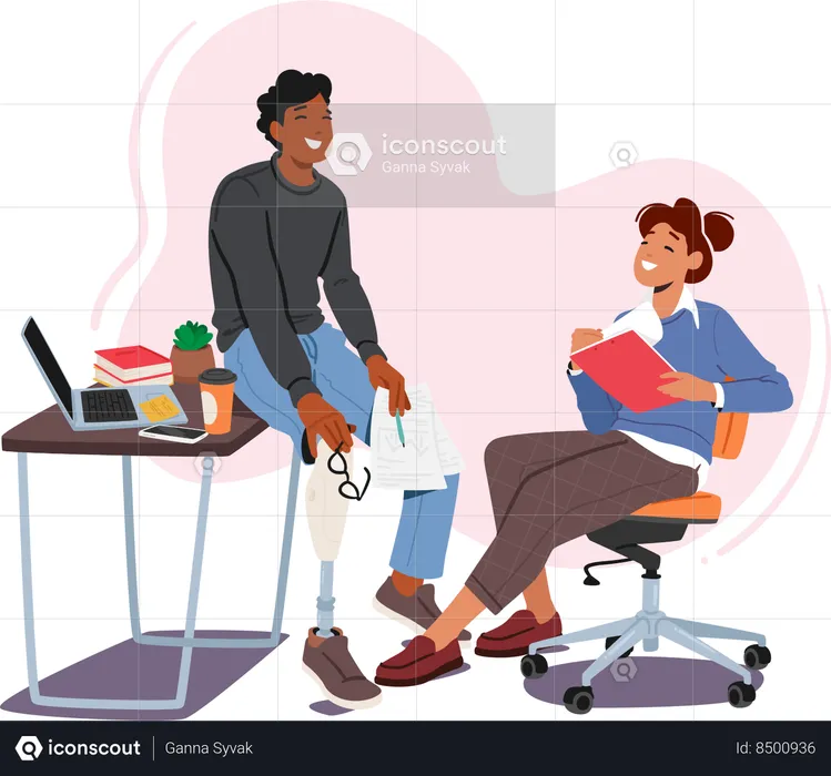 Disabled man is enjoying his leisure time with his colleague  Illustration