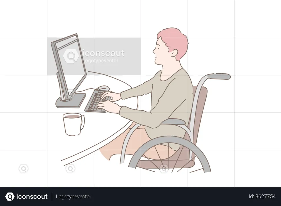 Disabled man is working on laptop  Illustration