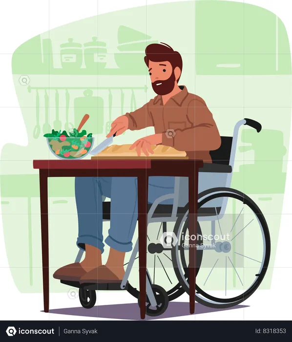 Disabled Man on wheelchair and cutting bread in Kitchen  Illustration