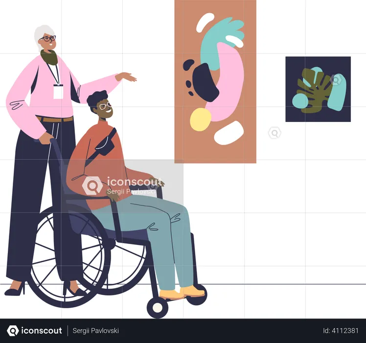 Disabled man on wheelchair visiting art gallery Illustration