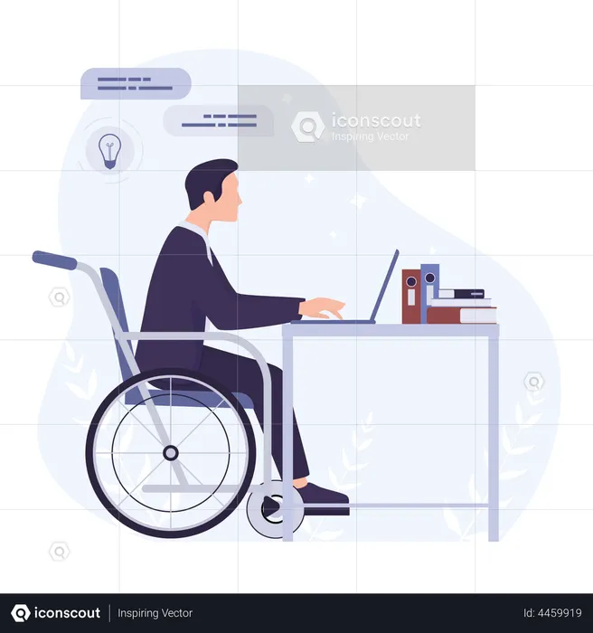 Disabled man sitting in wheelchair working at office  Illustration