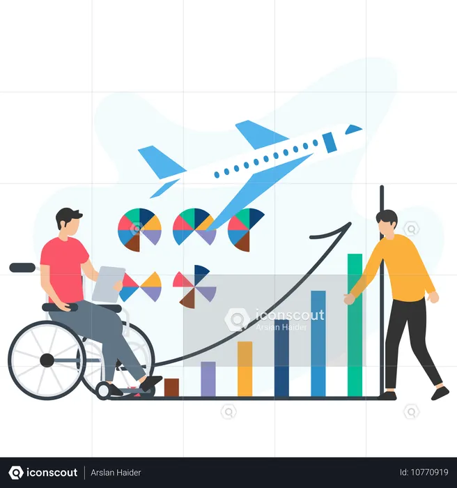 Disabled man travelling in economy class  Illustration