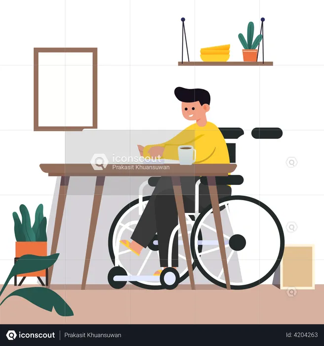 Disabled man working on laptop  Illustration