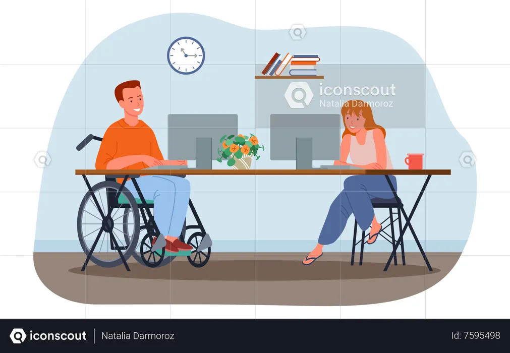 Disabled man working with co-worker  Illustration