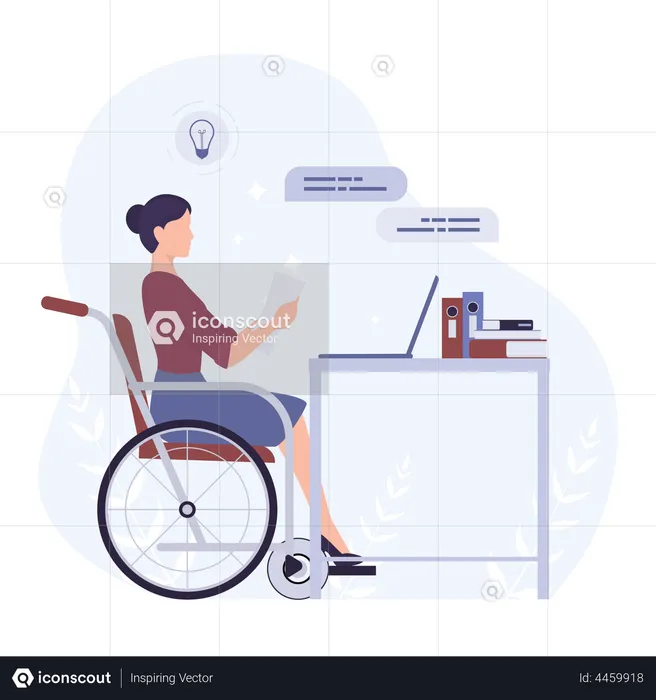 Disabled woman in wheelchair working at office  Illustration