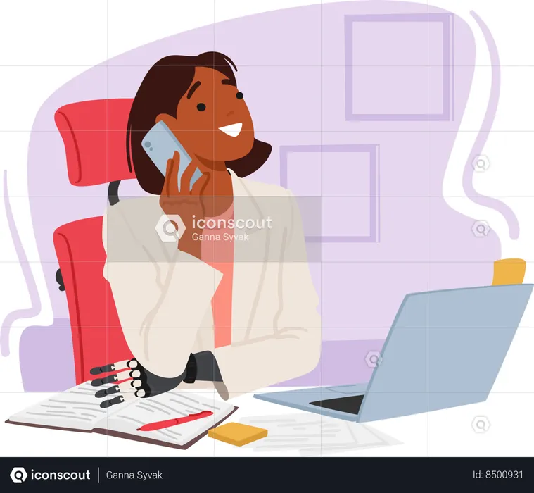 Disabled woman is talking on mobile  Illustration