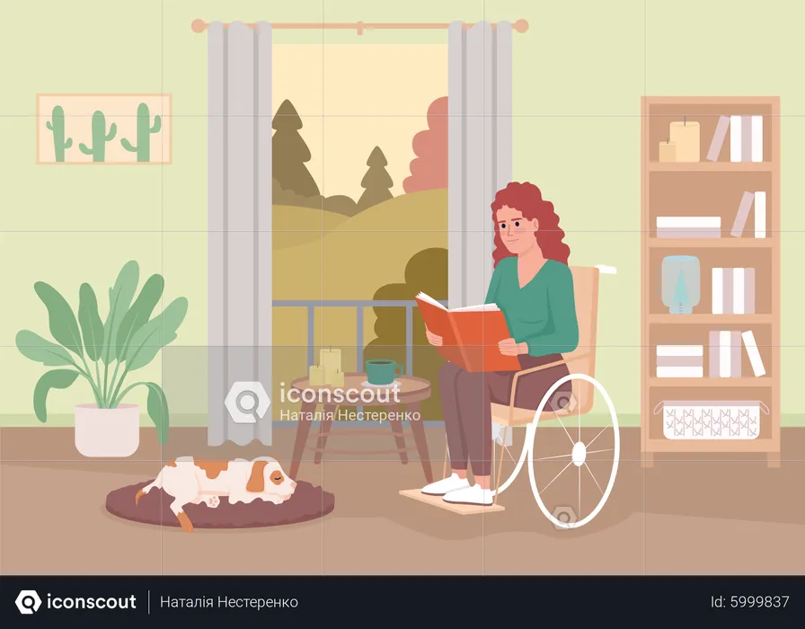 Disabled woman reading book  Illustration