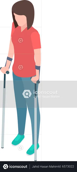 Disabled Woman Stand On Crutches  Illustration
