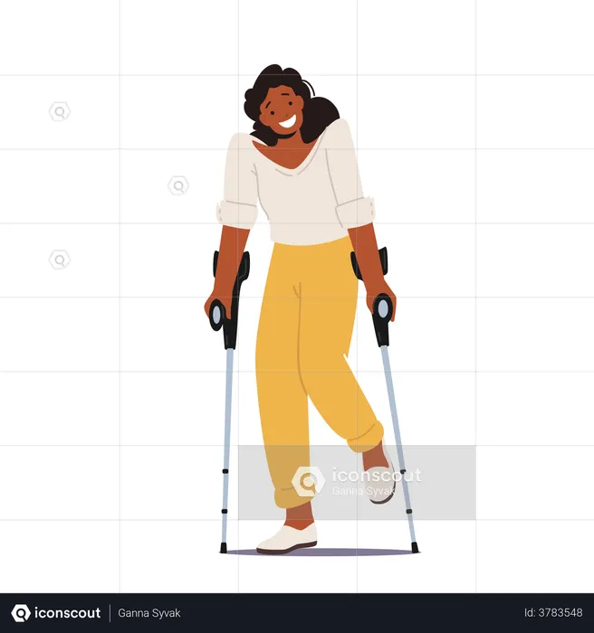 Disabled Woman Stand On Crutches  Illustration