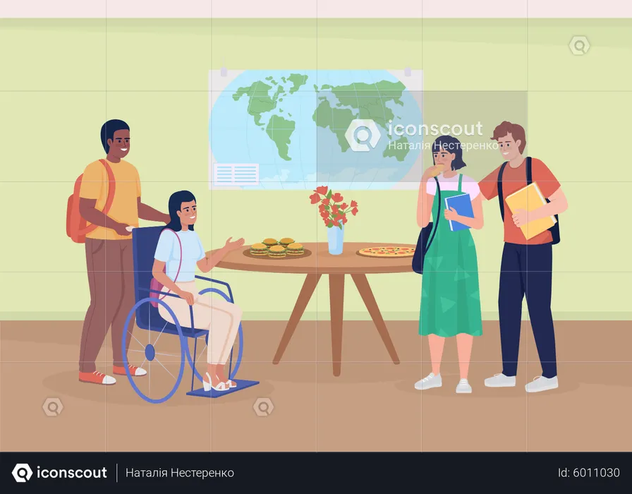 Disabled woman with groupmates in canteen  Illustration