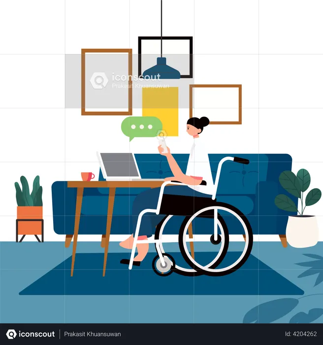 Disabled woman working on laptop  Illustration